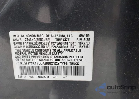 2010 Honda Ridgeline Rtl from USA, damaged, VIN 5FPYK1F56AB002125